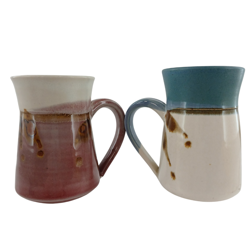 Handmade Studio Pottery Coffee Mugs Set of 2 – Dip Glaze Ceramic Art Cups Signed